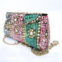 Nepali Handmade Large Size Ladies Bag With [stone Setting], [metal], [black, Pink And Green Color]