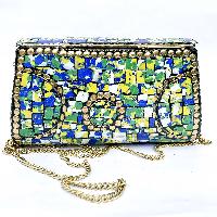 Nepali Handmade Large Size Ladies Bag With [stone Setting], [metal], [green, Yellow And Blue Color]