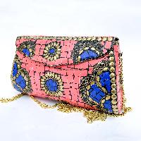 Nepali Handmade Large Size Ladies Bag With [stone Setting], [metal], [pink And Blue Color]