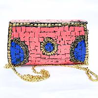 Nepali Handmade Large Size Ladies Bag With [stone Setting], [metal], [pink And Blue Color]