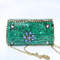 Nepali Handmade Large Size Ladies Bag With [stone Setting], [metal], [green Color]