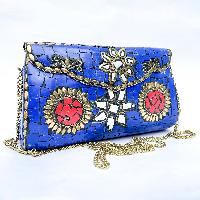 Nepali Handmade Large Size Ladies Bag With [stone Setting], [metal], [blue And Red Color]