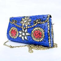 Nepali Handmade Large Size Ladies Bag With [stone Setting], [metal], [blue And Red Color]