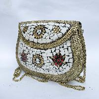 Nepali Handmade Large Size Ladies Bag With [stone Setting], [metal], [golden And White Color]