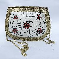 Nepali Handmade Large Size Ladies Bag With [stone Setting], [metal], [golden And White Color]