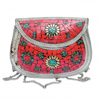 Nepali Handmade Big Ladies Bag With [stone Setting], [metal], [red And Green]