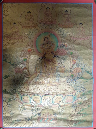 Thangka Painting Of White Tara [real Gold], With Pancha Buddha At The Top