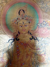 Thangka Painting Of White Tara [real Gold], With Pancha Buddha At The Top