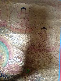 Thangka Painting Of White Tara [real Gold], With Pancha Buddha At The Top