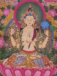 Buddhist Hand Painted Thangka Of Chenrezig, Three Great Bodhisattvas