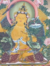 Thangka Painting Of Manjushri, With Amitabha On Top, Three Great Bodhisattvas