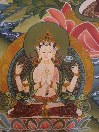 Thangka Painting Of Manjushri, With Amitabha On Top, Three Great Bodhisattvas