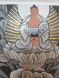 Buddhist Hand Painted Thangka Of Chenrezig, Black And Grey, [silver And Gold]