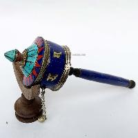 Brass Hand Held With Mantra Prayer Wheel, [stone Setting, Blue And Red Color]