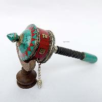 Brass Hand Held With Mantra Prayer Wheel, [stone Setting, Blue And Red Color]