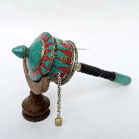 Brass Hand Held With Mantra Prayer Wheel, [stone Setting, Blue And Red Color]