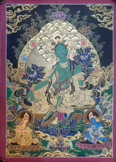 Thangka Painting Of Green Tara, [real Gold]