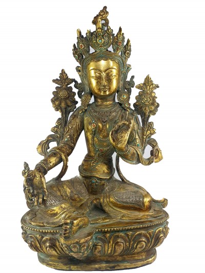 [old Stock] Statue Of Green Tara, [full Fire Gold Plated]