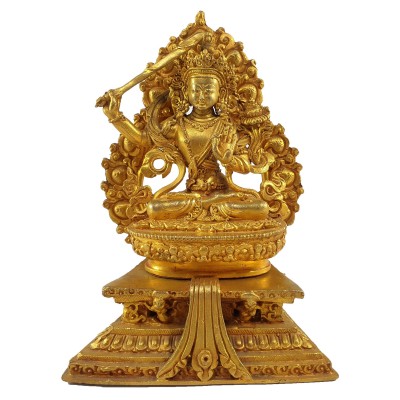 Miniature Statue Of Manjushri On A Thrown With Flower Background [full Gold Plated]