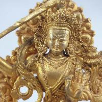 Miniature Statue Of Manjushri On A Thrown With Flower Background [full Gold Plated]