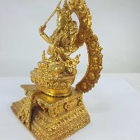 Miniature Statue Of Manjushri On A Thrown With Flower Background [full Gold Plated]