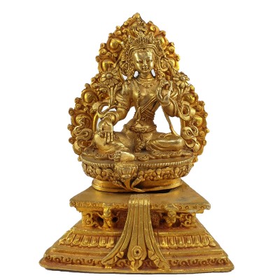 Buddhist Miniature Statue Of Green Tara On A Thrown With Flower Background [full Gold Plated]