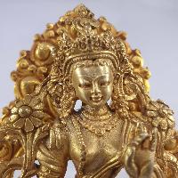 Buddhist Miniature Statue Of Green Tara On A Thrown With Flower Background [full Gold Plated]