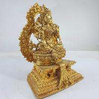 Buddhist Miniature Statue Of Green Tara On A Thrown With Flower Background [full Gold Plated]