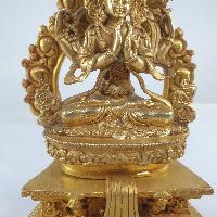 Miniature Statue Of Chenrezig On A Thrown With Flower Background [full Gold Plated]