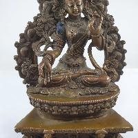 Buddhist Miniature Statue Of White Tara On A Thrown With Flower Background [chocolate Oxidized]