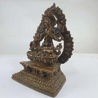 Buddhist Miniature Statue Of White Tara On A Thrown With Flower Background [chocolate Oxidized]