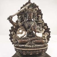 Buddhist Miniature Statue Of Manjushri On A Thrown With Flower Background [silver Plated Oxidized]