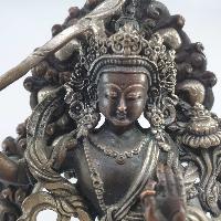 Buddhist Miniature Statue Of Manjushri On A Thrown With Flower Background [silver Plated Oxidized]