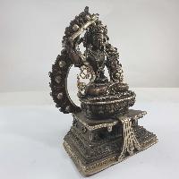 Buddhist Miniature Statue Of Manjushri On A Thrown With Flower Background [silver Plated Oxidized]