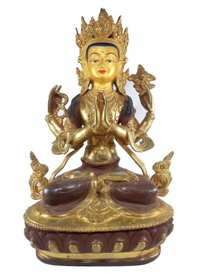 Buddhist Statue Of Avalokiteshvara, Chenrezig, Extra Gold On Base [partly Gold Plated], [painted Face]