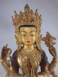 Buddhist Statue Of Avalokiteshvara, Chenrezig, Extra Gold On Base [partly Gold Plated], [painted Face]