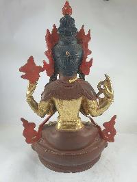 Buddhist Statue Of Avalokiteshvara, Chenrezig, Extra Gold On Base [partly Gold Plated], [painted Face]