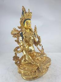 Buddhist Statue Of Green Tara, [full Fire Gold Plated], [painted Face]