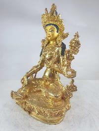 Buddhist Statue Of Green Tara, [full Fire Gold Plated], [painted Face]