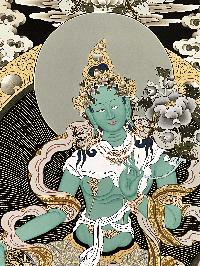 Thangka Painting Of Green Tara, Lamas Art, [24 Carat Gold], Modern Color