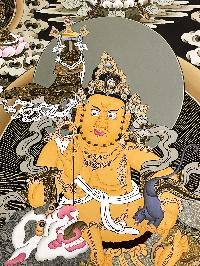 Thangka Painting Of Yellow Jambhala, Lamas Art, [24 Carat Gold], Modern Color