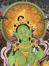 Thangka Painting Of Green Tara, Lamas Art, [24 Carat Gold], Tradition Color