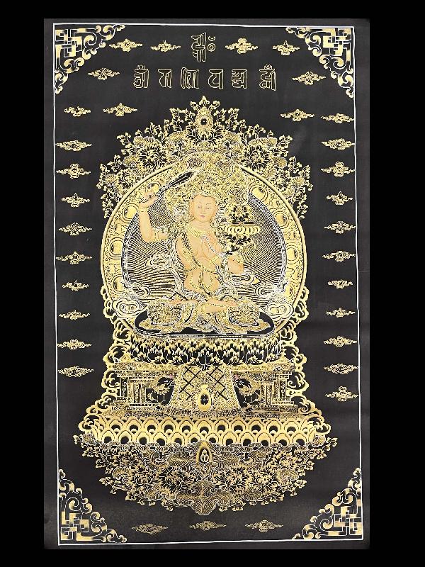 Thangka Painting Of Manjushri, [24 Carat Gold], Black And Gold