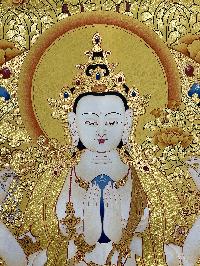 Thangka Painting Of Avalokiteshvara, Chenrezig, Lamas Art [24 Carat Gold Full Gold], Three Great Bodhisattvas