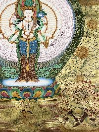 Thangka Painting Of Sahasrabhuja Avalokitesvara, Lamas Art [24 Carat Gold Full Gold]