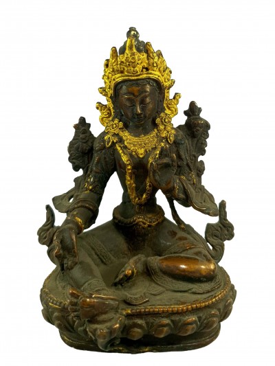 Old Statue, One Piece, Buddhist Statue Of Green Tara, [chocolate Oxidized], [painted Gold]