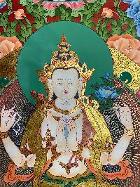 Buddist Hand Painted Thangka Of [chenrezig], [real Gold], Lamas Art, Three Great Bodhisattvas