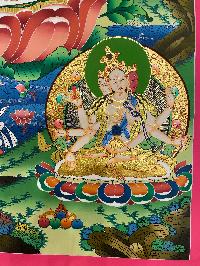 Buddhist Hand Painted Thangka Of [white Tara], [real Gold], Lamas Art, Three Long Life Deities