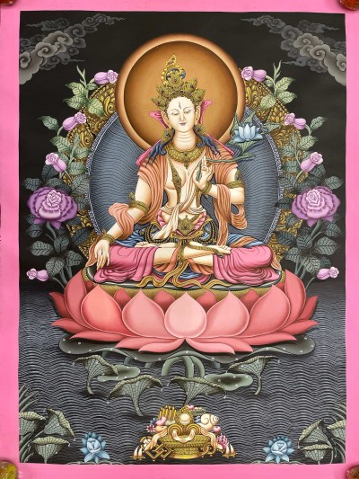 Buddist Hand Painted Thangka Of [white Tara], [real Gold], Lamas Art