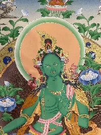 Buddhist Hand Painted Thangka Of Green Tara, [real Gold], Lamas Art